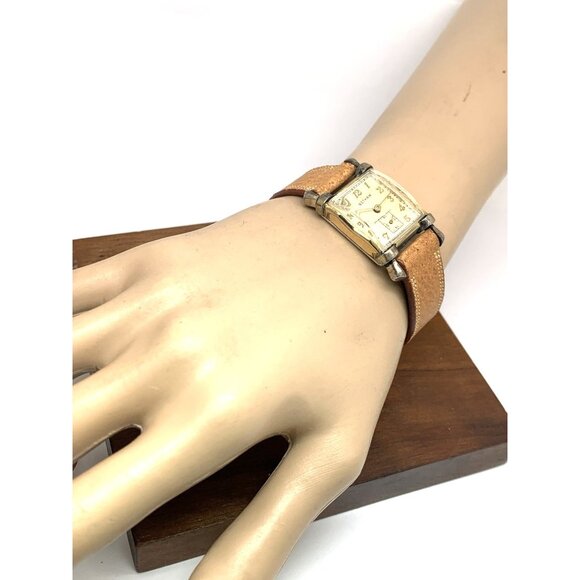 Gotham Suku Watch Swiss Mechanical Tank Vintage Gold Brown Leather Band 22mm - Picture 4 of 15